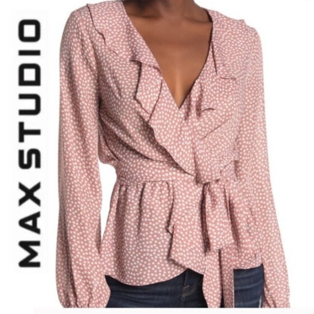 MAX STUDIO Ruffled Polka Dot Blouse Elastic Waist Bow Tie, Size S